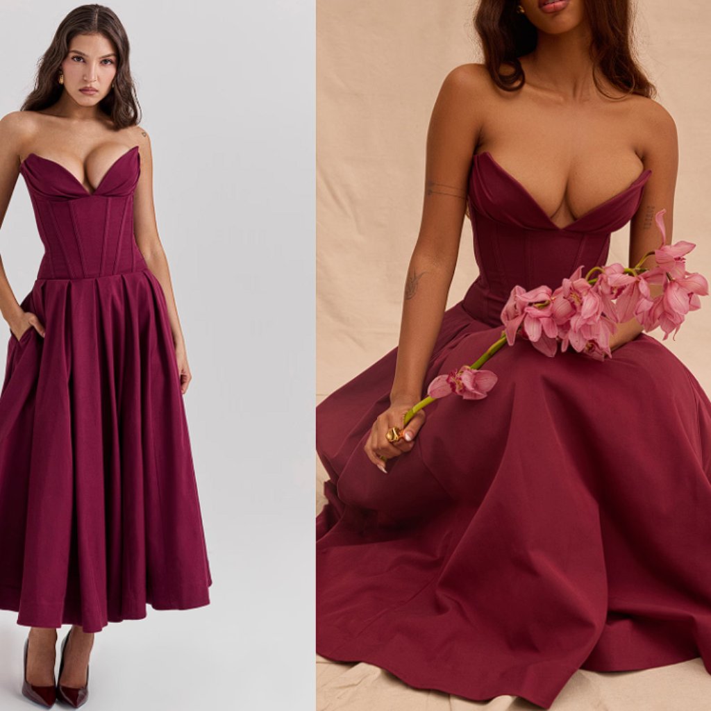House Of Cb 'Lady' Wine Strapless Midi Dress Nwot